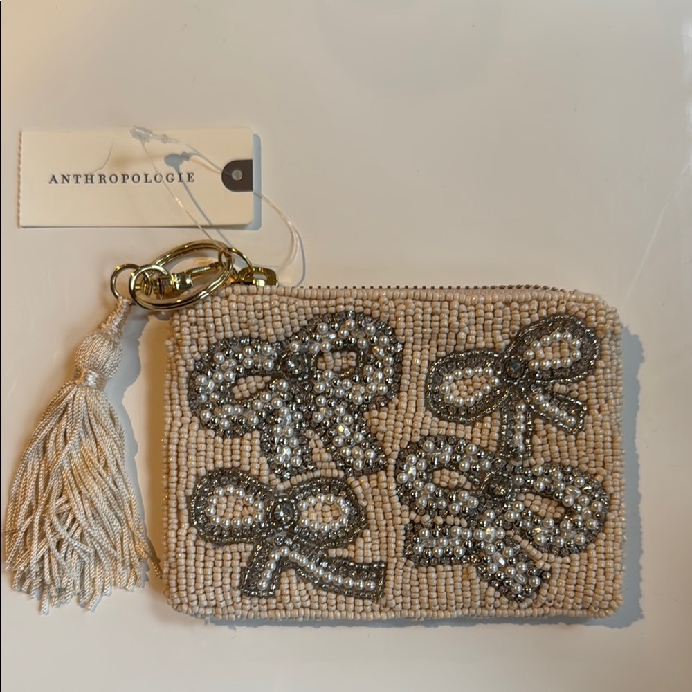Anthropologie Beaded Bow Clutch in Cream and Silver